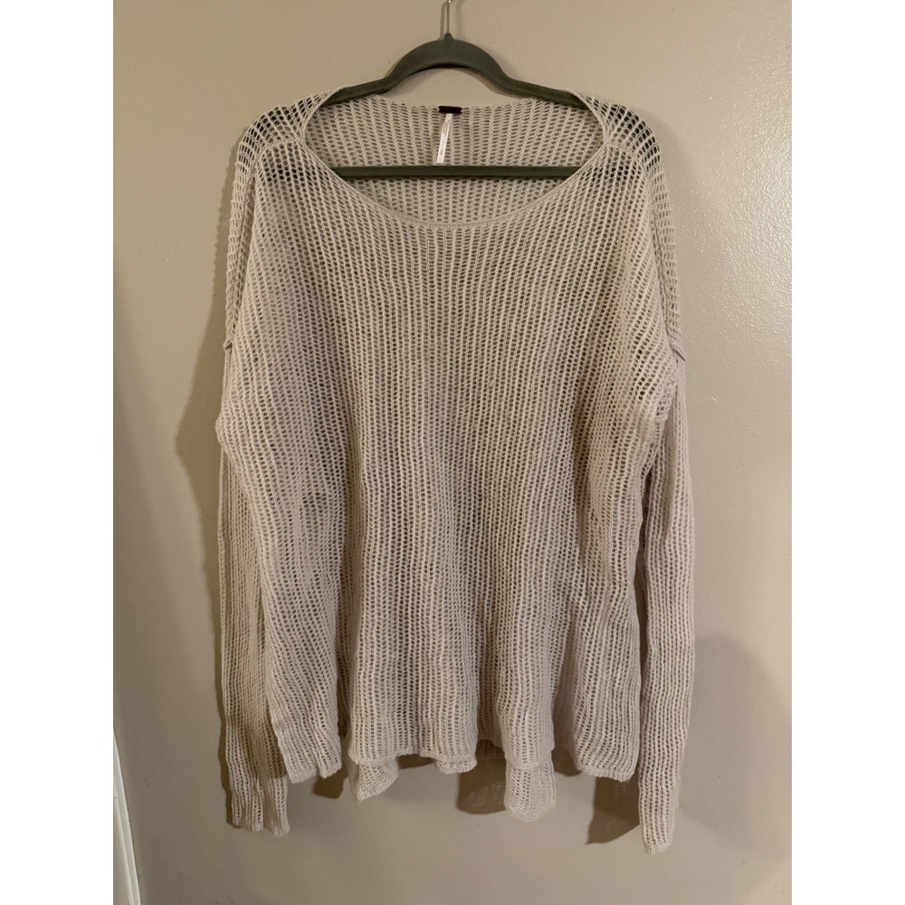 Free People Women Cream Open Knit Oversized Sweater Size Medium Boho Mesh Layer